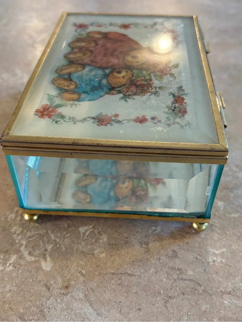 Vintage Teddy Bear Musical Jewelry Box Glass Brass Tone Beveled Trinket Box